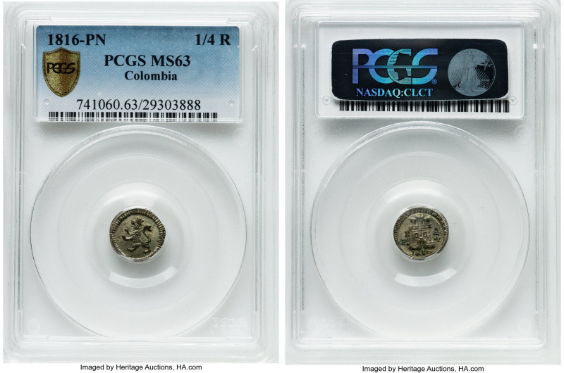 Ferdinand VII 1/4 Real 1816-PN MS63 PCGS, Popayan mint, KM67.2, Cal-283. One yea...