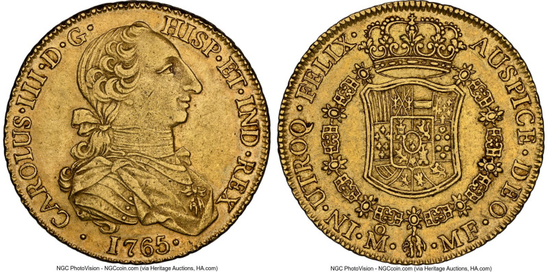 Charles III gold 8 Escudos 1765 Mo-MF AU55 NGC, Mexico City mint, KM155, Cal-198...