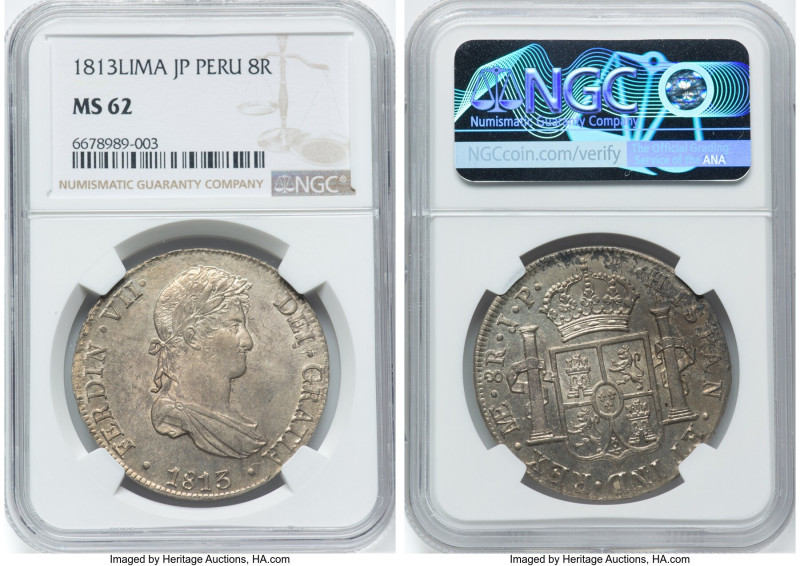 Ferdinand VII 8 Reales 1813 LM-JP MS62 NGC, Lima mint, KM117.1, Cal-1246. HID098...