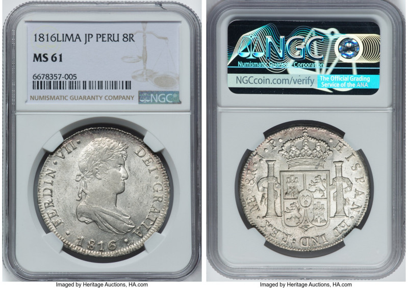 Ferdinand VII 8 Reales 1816 LM-JP MS61 NGC, Lima mint, KM117.1, Cal-1249. Flashy...