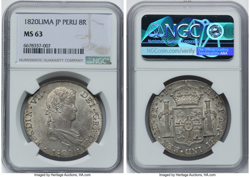 Ferdinand VII 8 Reales 1820 LM-JP MS63 NGC, Lima mint, KM117.1, Cal-1253. A soun...