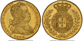 João VI gold 6400 Reis (Peça) 1824 MS64+ NGC, Lisbon mint, KM364, Gomes-18.28. Mintage: 1,553. Final year of issue. A virtual Gem with needle-point mo...