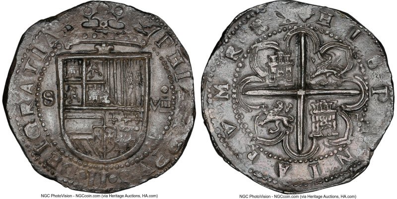 Philip II Cob 8 Reales ND (before 1588) S-D MS61 NGC, Seville mint, Cal-720. Squ...