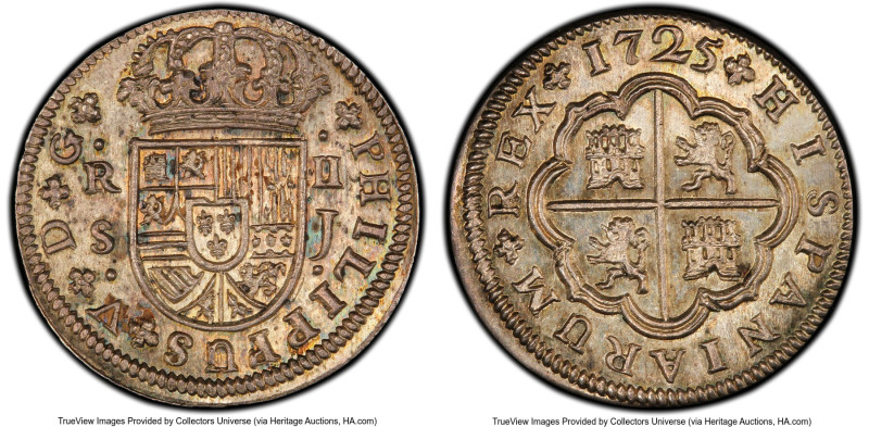 Philip V 2 Reales 1725 S-J MS65 PCGS, Seville mint, KM307, Cal-983. A crackling ...