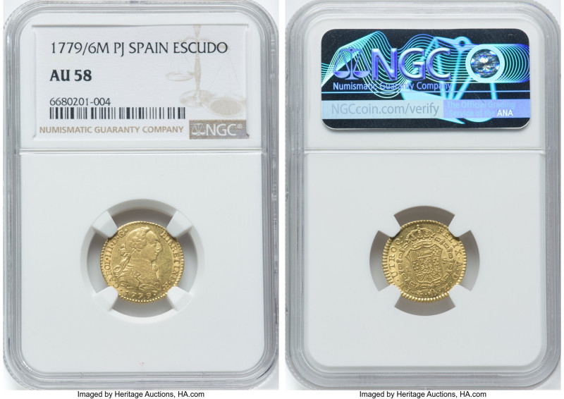 Charles III gold 1/2 Escudo 1779/6 M-PJ AU58 NGC, Madrid mint, cf. KM415.1 (unli...