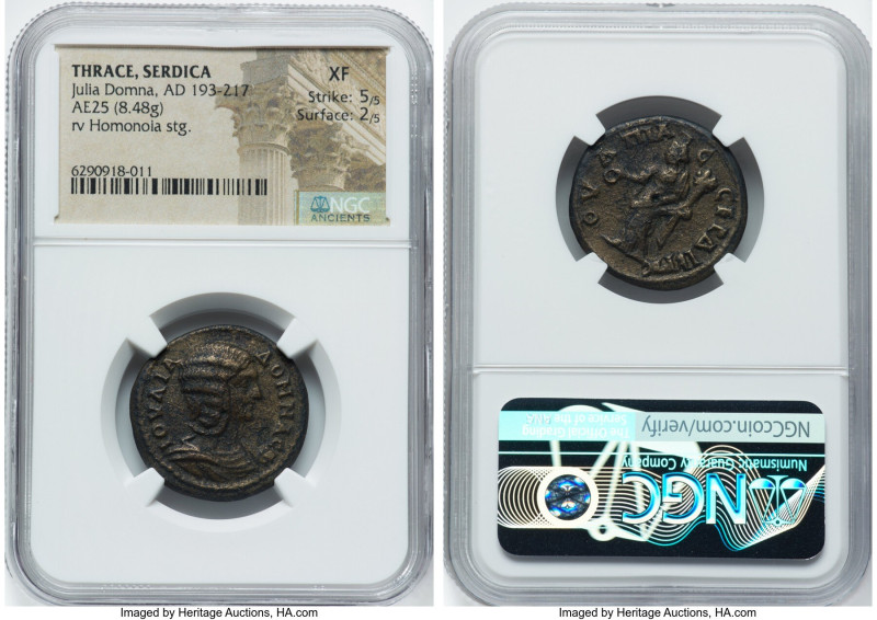 THRACE. Serdica. Julia Domna (AD 193-217). AE (25mm, 8.48, 7h). NGC XF 5/5 - 2/5...