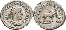 Antike Römer
Münzen Römische Kaiserzeit Philippus I. Arabs, 244-249, Antoninian (5,29 g), Rom. Av.: Büste nach rechts, darum Umschrift. Rev.: Löwe na...