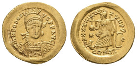 Antike Römer
Münzen Römische Kaiserzeit Theodosius II., 435, Solidus (4,40 g), Konstantinopel. Av.: Kürassiertes und behelmtes Brustbild des Kaisers ...