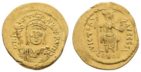 Antike Byzanz
 Justinian I., 565-578, Solidus (4,34 g), Thessaloniki. Av.: Kürassiertes Brustbild des Kaisers mit Pendiliendiadem und kranzhaltender ...