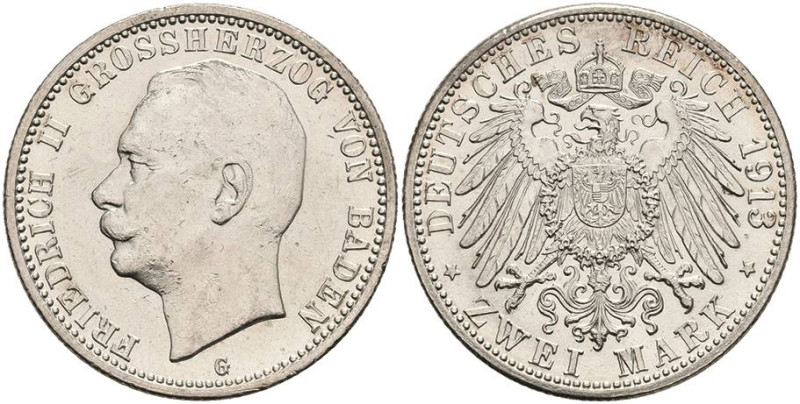 Silbermünzen des Kaiserreichs Baden
 2 Mark, 1913, Friedrich II., kl. Rf., Aver...