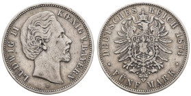 Silbermünzen des Kaiserreichs Bayern
 5 Mark, 1874, Ludwig II., kl. Kr. und Rf., s-ss, J.42