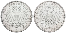 Silbermünzen des Kaiserreichs Lübeck
 3 Mark, 1910, ss, J.82.