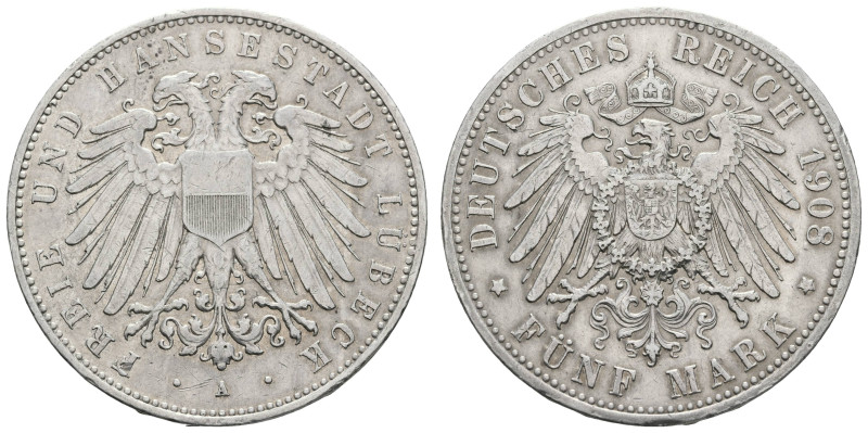 Silbermünzen des Kaiserreichs Lübeck
 5 Mark, 1908, ss+, J.83.