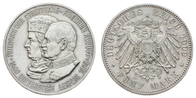 Silbermünzen des Kaiserreichs Sachsen
 5 Mark, 1909, Friedrich August III., Uni...