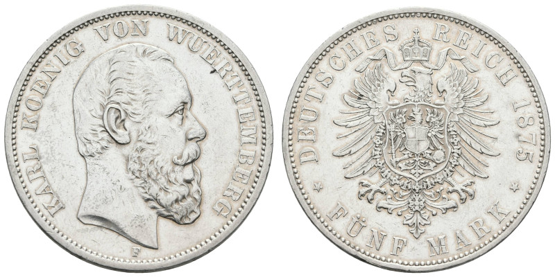 Silbermünzen des Kaiserreichs Württemberg
 5 Mark, 1875, Karl, Rf., ss+. J. 173...