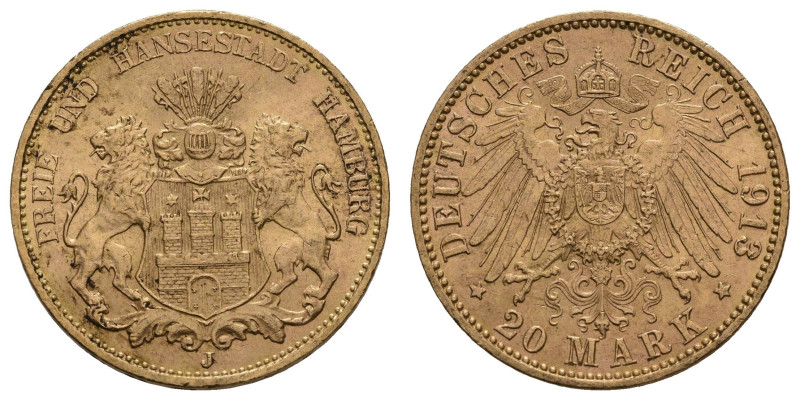 Goldmünzen des Kaiserreichs Hamburg
 20 Mark, 1913, kl. Rf., vz. J. 212.