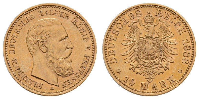 Goldmünzen des Kaiserreichs Preussen
 10 Mark, 1888, Friedrich III., kl. Kr., k...