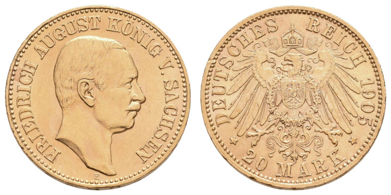 Goldmünzen des Kaiserreichs Sachsen
 20 Mark, 1905, Friedrich August III., Rand...