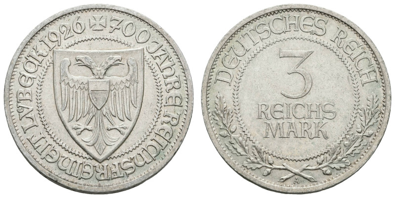 Münzen Weimar
 3 Reichsmark, 1926, 700 Jahre Reichsfreiheit Lübeck, fast vz. J....