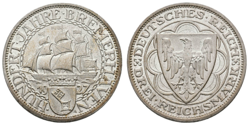 Münzen Weimar
 3 Reichsmark, 1927, Bremerhaven, vz, J.325.