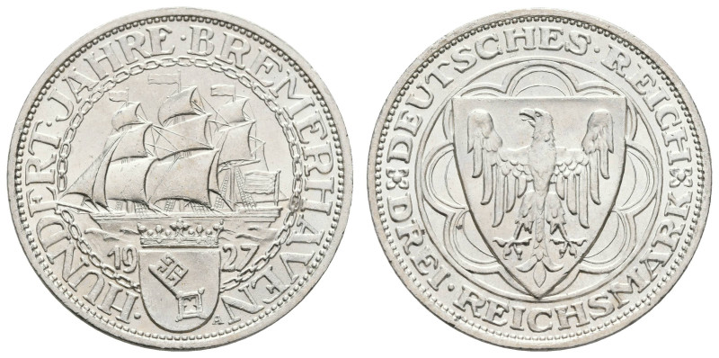 Münzen Weimar
 3 Reichsmark, 1927, Bremerhaven, kleine Randfehler, Kratzer, ss-...