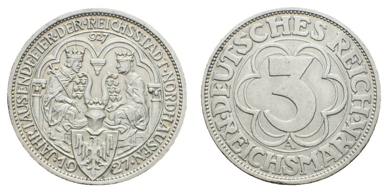 Münzen Weimar
 3 Reichsmark, 1927, Nordhausen, kl. Rf., kl. Kr., vz. J. 327