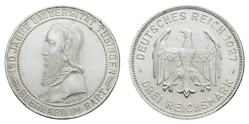 Münzen Weimar
 3 Reichsmark, 1927, Tübingen, kl. Rf., vz. J. 328.