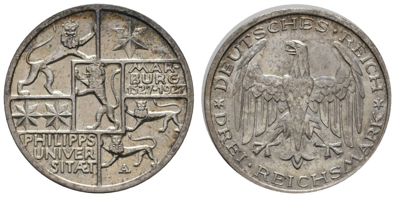 Münzen Weimar
 3 Reichsmark, 1927, Philipps-Universität Marburg, Randpatina, vz...