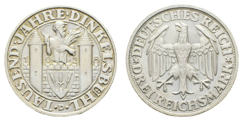 Münzen Weimar
 3 Reichsmark, 1928, Dinkelsbühl, kl. Rf., ss-vz. J. 334.