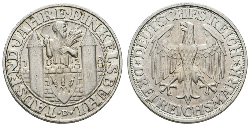 Münzen Weimar
 3 Reichsmark, 1928, Dinkelsbühl, kleine Randfehler, Kratzer, ss-...