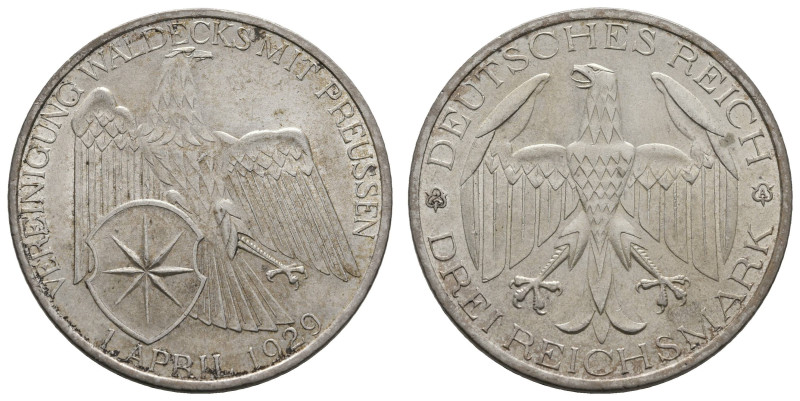 Münzen Weimar
 3 Reichsmark, 1929, Vereinigung Waldecks mit Preußen, ss, J.337....