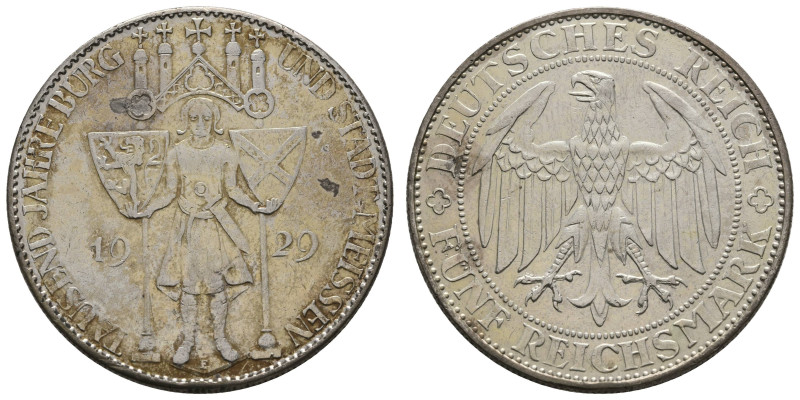 Münzen Weimar
 5 Reichsmark, 1929, Meißen, etwas befleckt, ss, J.339.