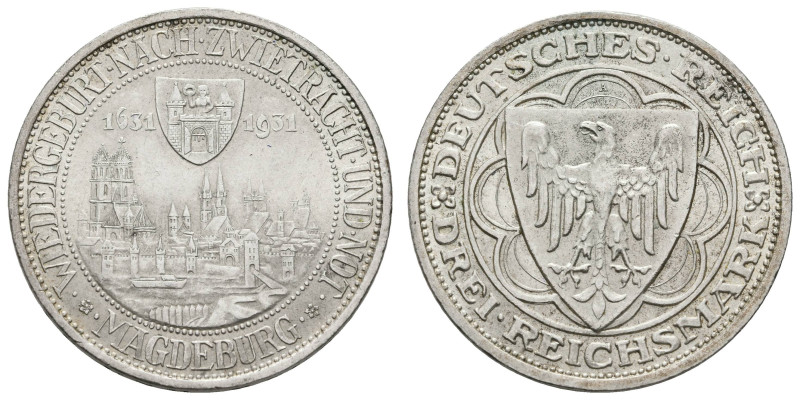 Münzen Weimar
 3 Reichsmark, 1931, Magdeburg, kleine Randfehler, Kratzer, ss-vz...