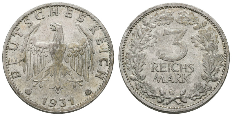 Münzen Weimar
 3 Reichsmark, 1931, G, kleine Randfehler, Kratzer, ss. J. 349.