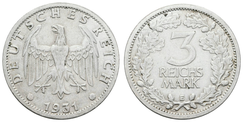 Münzen Weimar
 3 Reichsmark, 1931, E, kleine Randfehler, Kratzer, ss. J. 349.