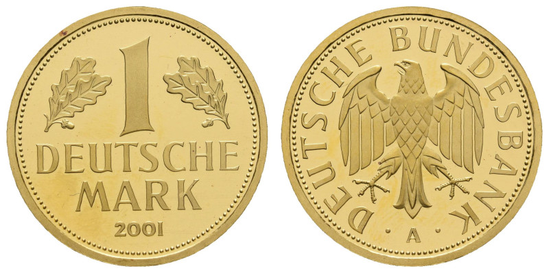 Münzen Bund ab 1946
 1 DM, Gold, 2001, A, Abschiedsmark, in Kapsel, avers ein k...