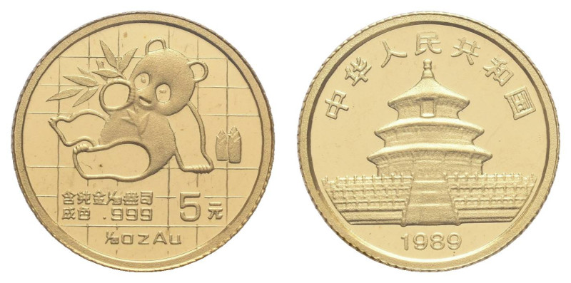 Europa und Übersee China Volksrepublik
 5 Yuan, Gold, 1989, Panda, 1/20 Oz, Fb....