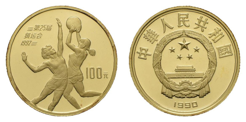 Europa und Übersee China Volksrepublik
 100 Yuan, Gold, 1990, Basketball, Fb. 3...