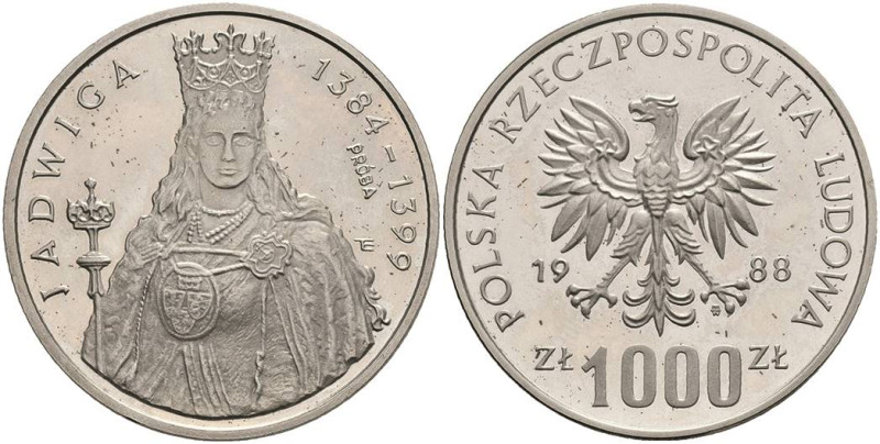 Europa und Übersee Polen
 1.000 Zlotych, 1988, Silber Probe, Königin Hedwig von...