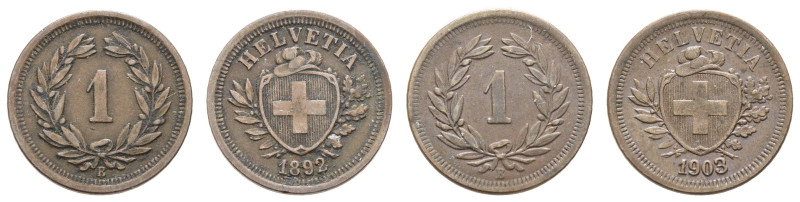 Europa und Übersee Schweiz
 1 Rappen, 1892, B und 1903, B . Stellenweise Schmut...