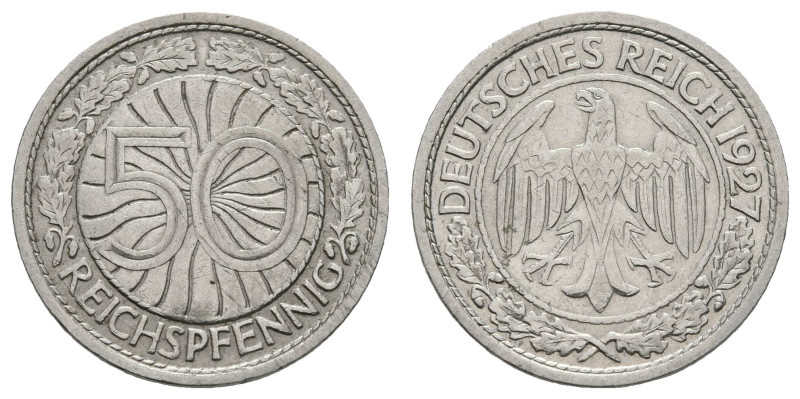 Proben, Fehl- und Verprägungen
 Kuriosität: 50 Reichspfennig, 1927, ohne Prägeb...