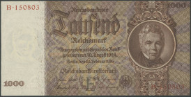 Banknoten Deutsche Reichsbanknoten 1874-1945
 Deutsche Reichsbank. 1936 Lot. 1000 RM Schinkel, Serie E/B, kassenfrisch I(-); dazu 2x 20 RM Siemens, e...