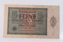 Banknoten Deutsche Reichsbanknoten 1874-1945
 Reichsbankdirektorium, 5 Billionen Mark 1924, in schöner gebrauchter Erhaltung.