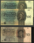Banknoten Deutsche Reichsbanknoten 1874-1945
 Reichbankdirektorium, 50 Reichsmark L/ S und 100 (2x) Reichsmark B/C, 11.10.1924, Ro. 170a, 171 a, Erh....