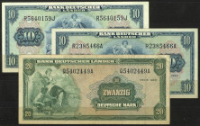 Banknoten Geldscheine Bank deutscher Länder
 Bank deutscher Länder Serie 1949 drei St., 10 und 20 DM 22.8.1949, Ro. 258 Erh. II (2x) und 260 Erh. III...