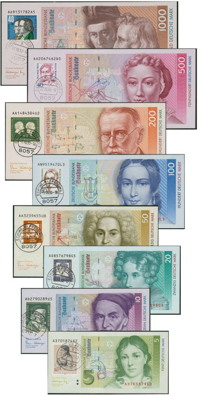 Banknoten Geldscheine Deutsche Bundesbank
 BRD, Satz 5 bis 1000 Deutsche Mark 1...