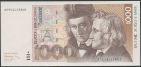 Banknoten Geldscheine Deutsche Bundesbank
 1.000 DM 1991 1. August 1991, AG9540298K0, EH I-. ROS 302 Grab. BRD-46 a.