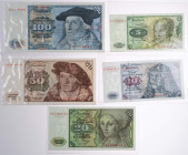 Banknoten Geldscheine Deutsche Bundesbank
 BRD, Lot, 5 Mark 1980, 10 Mark 1970, 20, 50 und 100 Mark 1980, sauberes Papier, kassenfrisch Erh. I,Ro. 27...