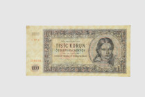 Banknoten Banknoten Europa
 Tschechoslovakei,1000 Kronen 1945, Ser.C und E, P. 74 c und d, 2 St. I, unc. Papier fleckig, teilweise vergelbt.