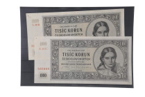 Banknoten Banknoten Europa
 Tschechoslovakei,1000 Kronen 1945, perforiert mit drei Löchern, Ser. B und C, P. 74s, 2 St. I. unc mit je zwei Stichlöche...